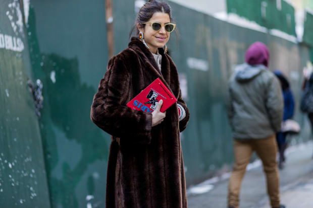 Leandra Medine wearing a Staud fake fur coat during New York Fashion Week, Feb. 2017. Photo: Christian Vierig/Getty Images