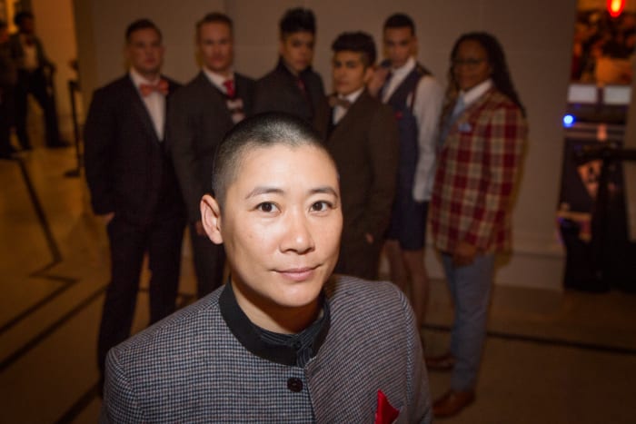Sharpe Suiting founder Leon Wu stand in front of the models at the dapperQ (un)Heeled Fashion Show in Brooklyn on December 6th. Photo: Courtesy Sharpe Suiting
