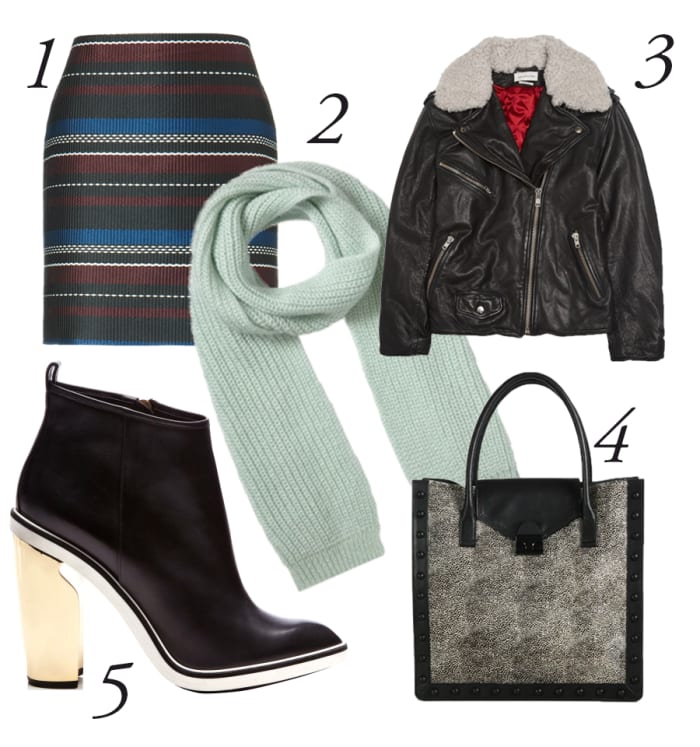 1-Suno Multi Woven Stripes Mini Skirt, $249 (from $830), available at Avenue32; 2-Mohair Mixed Knitted Scarf, $45 (from $140), available at Whistles; 3-Etoile Isabel Marant Benny Shearling-Trimmed Leather Biker Jacket, $727.50 (from $1,455), available at Net-a-Porter; 4-Loeffler Randall Work Calf Hair Tote, $278 (from $698), available at Saks Fifth Avenue; 5-Nicholas Kirkwood Metallic-Heel Leather Ankle Boots, $590 (from $1,180), available at Moda Operandi.