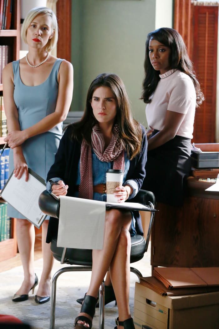 "No, I didn't borrow Wes's scarf. " Bonnie, Laurel and Michaela at the Keating office. Photo: ABC/Mitch Haaseth