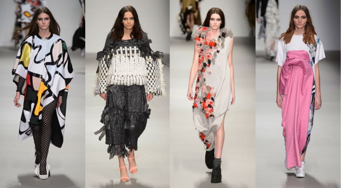 From left to right: Collection looks by designers Beth Postle, Hayley Grundmann, Paul Thomson and Catriona McAuley-Boyle. Photos: Imaxtree