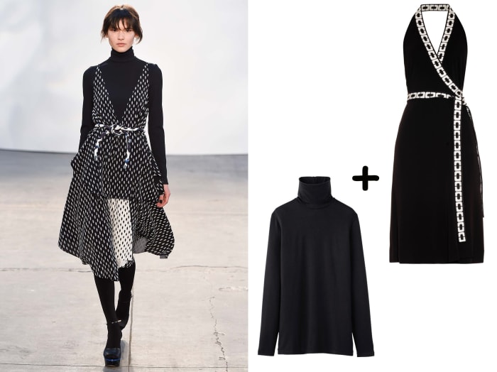 DVF dress, $548, available at Matches Fashion; Turtleneck, $7.90, available at Uniqlo.