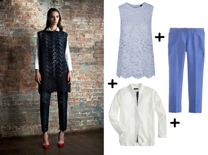 Lace top, $85, available at Topshop; Shirt, $78, available at J.Crew; Pants, $119.99, available at J.Crew.