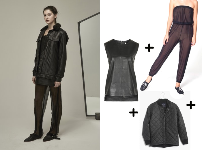 Leather tank, $150, available at Topshop; Jacket, $159.50, available at Madewell; Jumpsuit, $18, available at American Apparel.