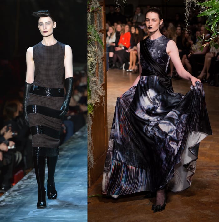 Erin O'Connor walking the runway for Marc Jacobs (left) and Giles (right). Photos: Slaven Vlasic/Getty Images and Ian Gavan/Getty Images