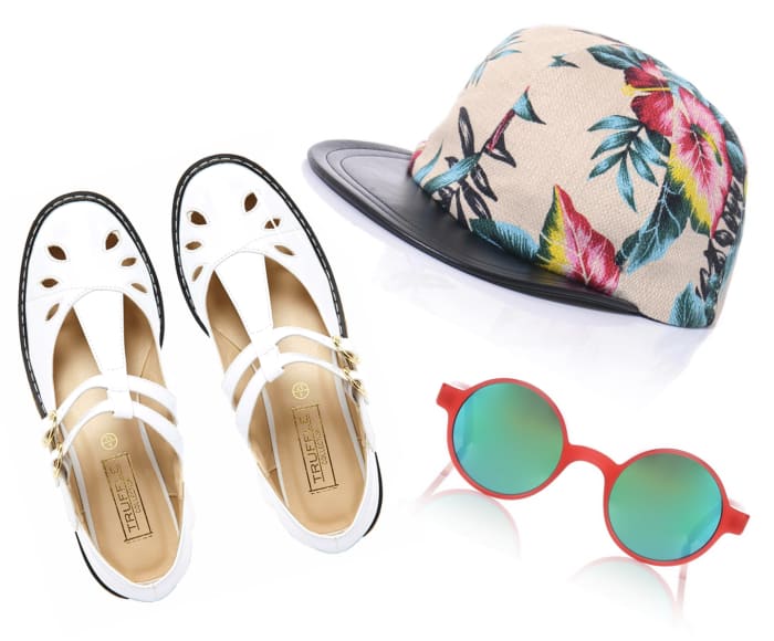 Truffle Collection shoes, $50 (from $76), available at ASOS. Eugenia Kim Hat, $56 (from $190), available at MatchesFashion. Andy Wolf Sunglasses, $100 (from $335), available at Avenue32.