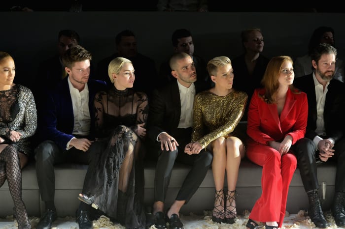 Jennifer Lopez, Patrick Schwarzenegger, Romain Dauriac, Scarlet Johansson, Amy Adams and Darren Le Gallo. Photo: Charley Gallay/Getty Images