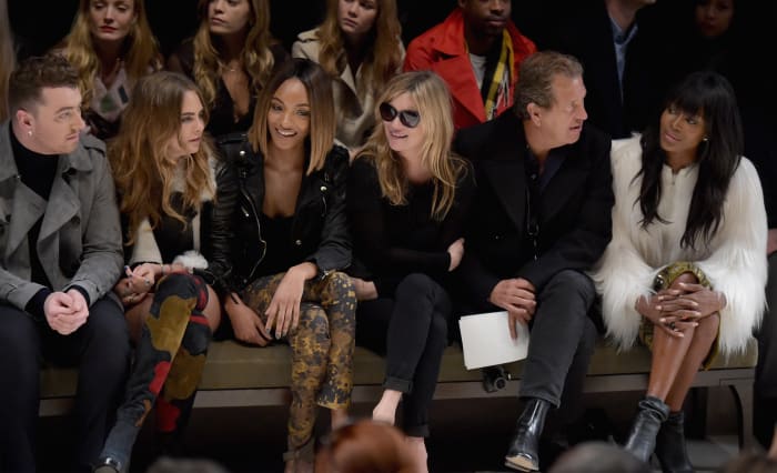 Sam Smith, Cara Delevingne, Jourdan Dunn, Kate Moss, Mario Testino and Naomi Campbell. Photo: Gareth Cattermole/Getty Images