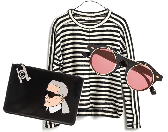 Yazbykey Karl clutch, $248 (from $495), available at Matches Fashion; Madewell pullover, $48.75 (from $65 with code WARMUP), available at Madewell; Flipped out shades, $14 (from $20), available at Nasty Gal.