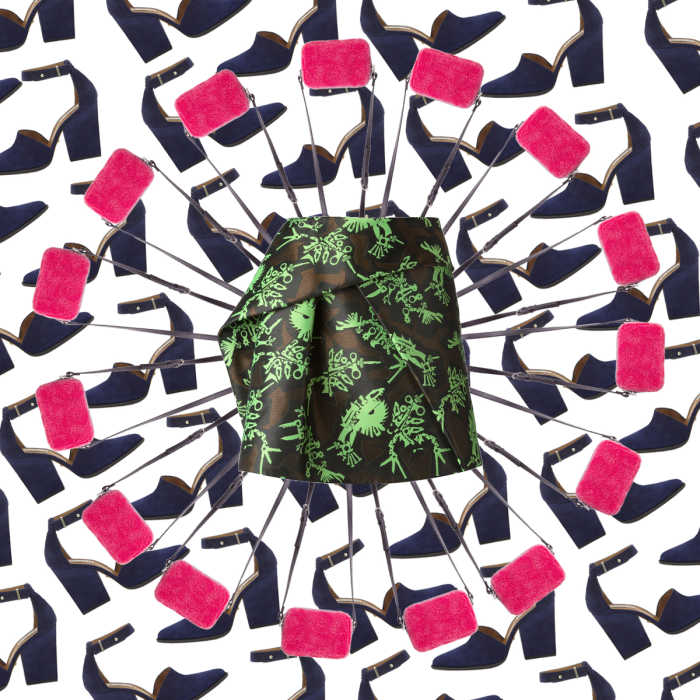 Whistles heels, $85 (from $255), available at Whistles; Sandro crossbody bag, $157.50 (from $315), available at Sandro; Kenzo monster skirt, $299.71 (from $499.52), available at Farfetch.