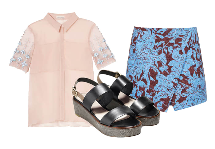 Rebecca Taylor top, $281.25 with code FFSPRING15 (from $375), available at Rebecca Taylor; Cole Haan wedges, $159.60 with code FRIENDS30 (from $228), available at Cole Haan; Topshop skirt, $35 (from $68), available at Topshop.