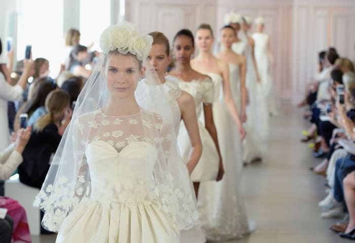 The final walk at Peter Copping's debut bridal collection for Oscar de la Renta. Photo: Slaven Vlasic/Getty Images
