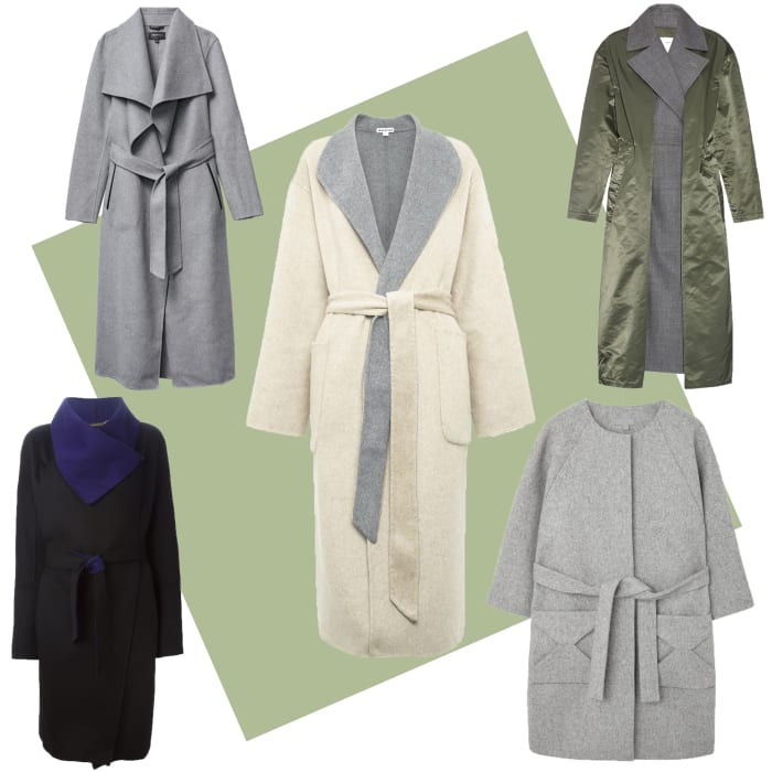 TOP LEFT; Mackage Mai coat, $750, available at Aritzia and Mackage; CENTER: Whistles split seam reversible coat, $470, available at Whistles; TOP RIGHT: Toga contrast-layer belted-front coat, $823, available at Matches Fashion; BOTTOM LEFT: Diane Von Furstenberg wrap coat, $985.20, available at Farfetch; BOTTOM RIGHT: Cos envelope pocket coat, $275, available at Cos.
