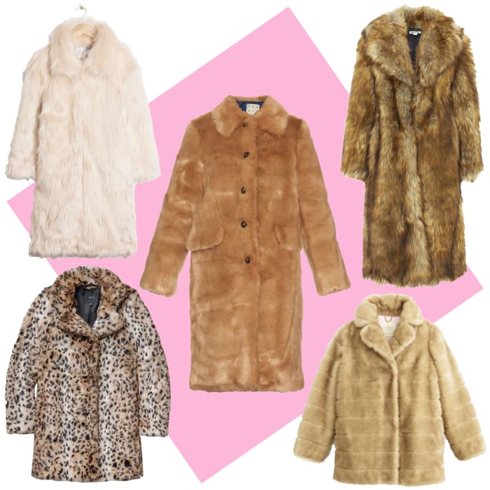 TOP LEFT: & Other Stories faux fur coat, $275, available at & Other Stories; CENTER: Trademark faux fur coat, $698, available at Trademark; TOP RIGHT: Whistles wolfie faux fur coat, $560, available at Whistles; BOTTOM LEFT: Aritzia Beckledge coat, $198, available at Aritzia; BOTTOM RIGHT: Kate Spade blonde mink coat, $798, available at Kate Spade.