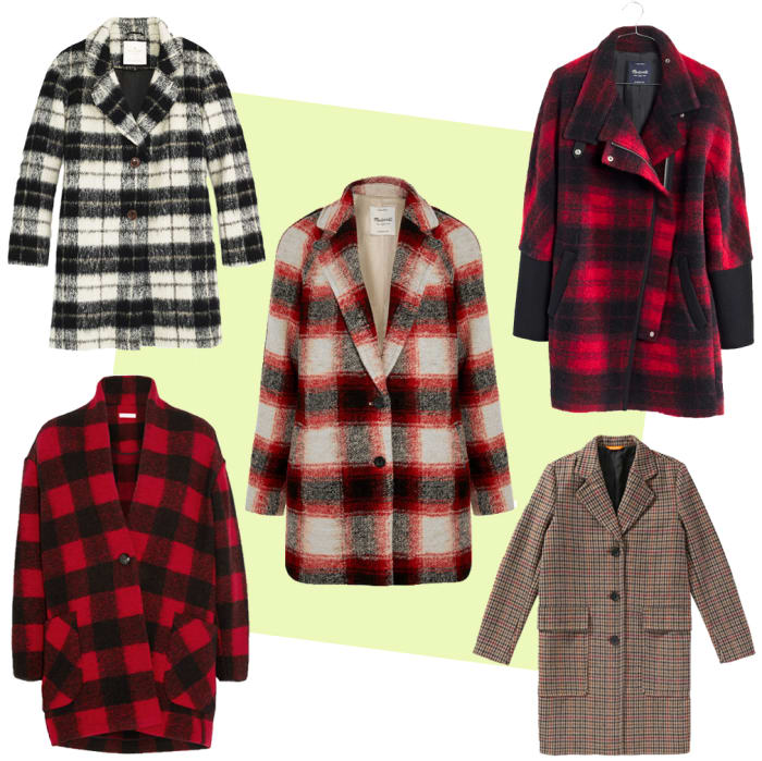 TOP LEFT: Kate Spade woodland check bow coat, $798, available at Kate Spade; CENTER: Madewell plaid wool-blend coat, $280, available at Net-a-Porter; TOP RIGHT: Madewell city grid coat in plaid, $348, available at Madewell; BOTTOM LEFT: Etoile Isabel Marant plaid coat, $530, available at Net-a-Porter; BOTTOM RIGHT: Joe Fresh plaid coat, $149, available at Joe Fresh.