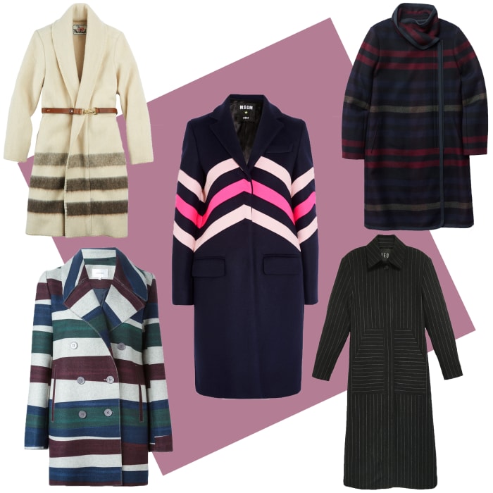 TOP LEFT: Woolrich blanket coat, $550, available at Woolrich; CENTER: MSGM chevron-paneled coat, $820, available at Net-a-Porter; TOP RIGHT: Aritzia Cormac jacket, $375, available at Aritzia; BOTTOM LEFT: Carven striped short coat, $972.82, available at Farfetch; BOTTOM RIGHT: Veda chalked pinstripe coat, $855, available at Veda.