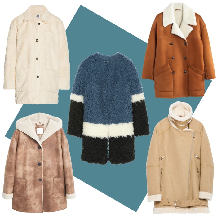 TOP LEFT: Opening Ceremony faux shearling coat, $645, available at Net-a-Porter; CENTER: Shrimps color-block faux shearling coat, $795, available at Net-a-Porter; TOP RIGHT: Madewell real shearling coat, $998, available at Madewell; BOTTOM LEFT: Mango faux shearling coat, $119.99, available at Mango; BOTTOM RIGHT: Zara oversized fleece jacket, $189, available at Zara.
