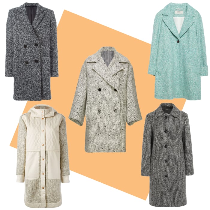 TOP LEFT: Tonella double breasted coat, $879.87, available at Farfetch; CENTER: Vince herringbone peacoat, $725, available at Vince; TOP RIGHT: Zara wool coat, $149, available at Zara; BOTTOM LEFT: See by Chloe paneled hooded coat, $886.20, available at Farfetch; BOTTOM RIGHT: A.P.C. peel wool-blend tweed coat, $575, available at Net-a-Porter.
