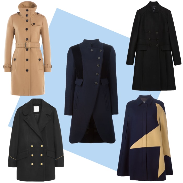 TOP LEFT: Burberry Brit virgin wool twill trench coat with cashmere, $1,235, available at Stylebop; CENTER: Marc by Marc Jacobs military coat, $1,195.87, available at Farfetch; TOP RIGHT: Zara tailored coat, $189, available at Zara; BOTTOM LEFT: Mango double-breasted wool coat, $129.99, available at Mango; BOTTOM RIGHT: MSGM two-tone cape, $729.39, available at Farfetch.