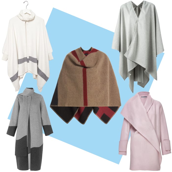 TOP LEFT: Apiece Apart neck knit poncho, $720, available at Apiece Apart; CENTER: Burberry Prorsum check blanket, $1,495, available at Stylebop; TOP RIGHT: Golden Goose Deluxe poncho coat, $500, available at Farfetch; BOTTOM LEFT: Manning color block coat, $560, available at Whistles; BOTTOM RIGHT: Vince drape collar coat, $675, available at Bloomingdale's.