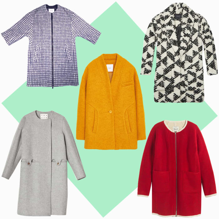TOP LEFT: Ayr cube coat, $595, available at AYR; CENTER: Mango bouclé wool coat, $119.99, available at Mango; TOP RIGHT: Scotch & Soda cocoon coat, $355, available at Scotch & Soda; BOTTOM LEFT: Trademark collarless coat, $678, available at Trademark; BOTTOM RIGHT: Madewell sherpa-lined cocoon coat, $268, available at Madewell.