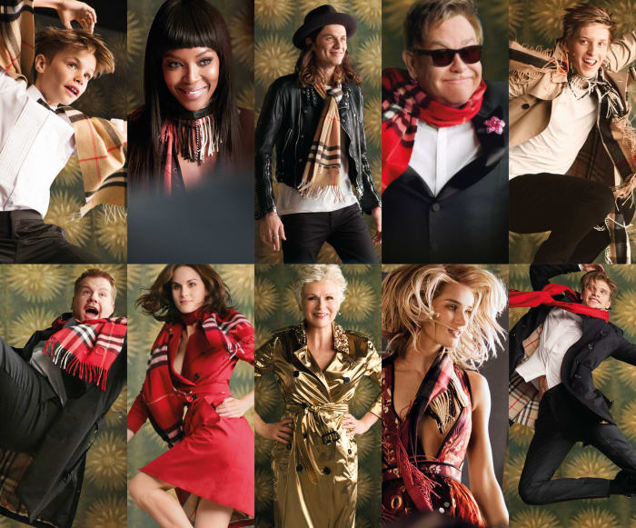 The cast of the Burberry Festive Film, from left to right starting on the top row: Romeo Beckham, Naomi Campbell, James Bay, Elton John, George Ezra, James Corden, Michelle Dockery, Julie Walters, Rosie Huntington-Whiteley and Toby Huntington-Whiteley. Photo: Burberry