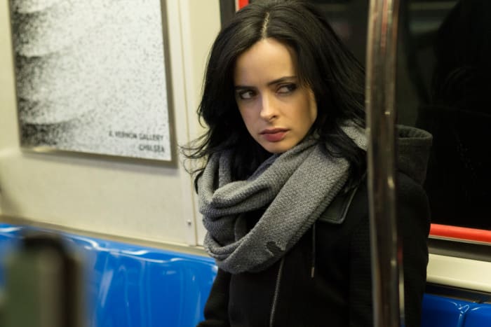 Jessica Jones (Krysten Ritter) accessorizes with a Yeezy-style scarf. Photo: Myles Aronowitz/Netflix