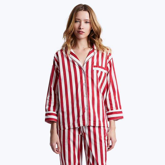 Sleepy Jones tent stripe pajama shirt, $148, available at Sleepy Jones; Sleepy Jones tent stripe pajama pant, $128, available at Sleepy Jones.