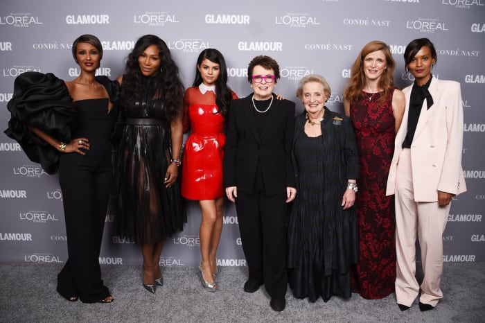 Iman, Serena Williams, Selena Gomez, Billie Jean King, Madeleine Albright, Samantha Power and Liya Kebede at the Glamour Women of the Year Awards. Photo: Dimitrios Kamouris/Getty Images