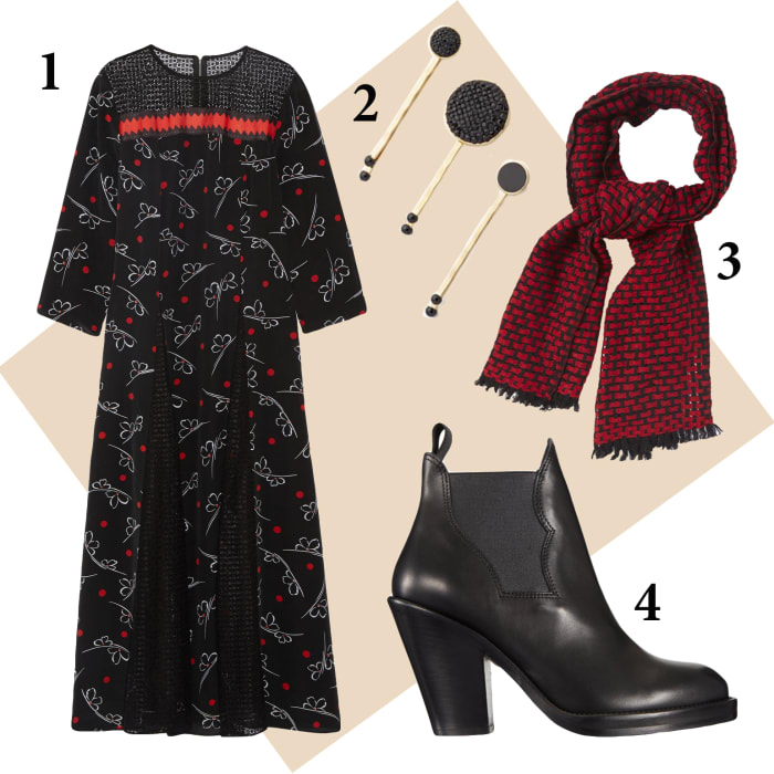 1 — Suno dress, $795, available at Net-a-Porter; 2 — Marc by Marc Jacobs hair pin set, $58, available at Shopbop; 3 — Étoile Isabel Marant, $335, available at Net-a-Porter; 4 — Acne boots, $550, available at Barneys.