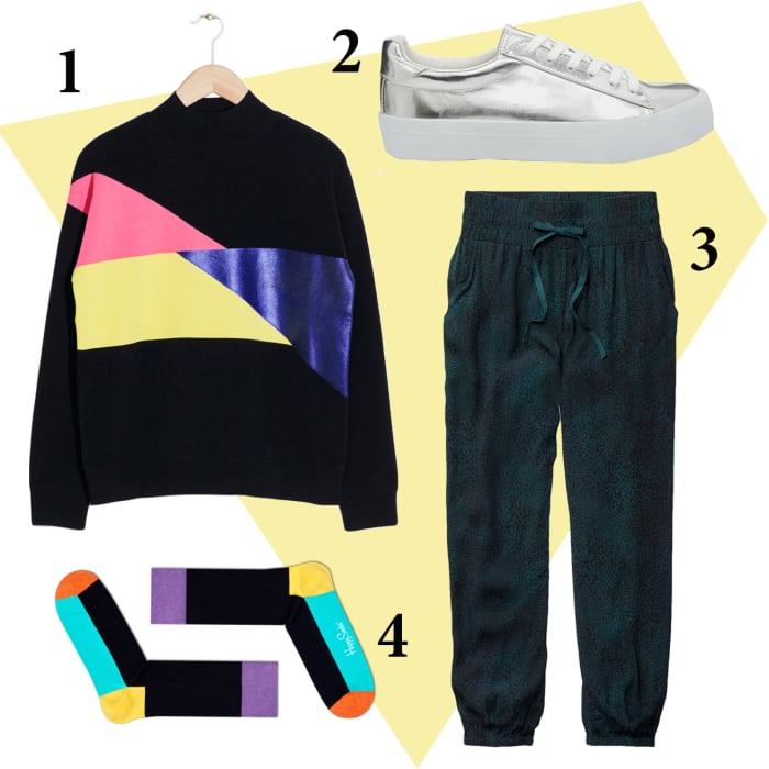 1 — & Other Stories color block knit sweater, $125, available at & Other Stories; 2 — Asos sneakers, $36, available at Asos; 3 — Talula Bayan pant, $70, available at Aritzia. 4 — Happy Socks five color socks, $12, available at Happy Socks.