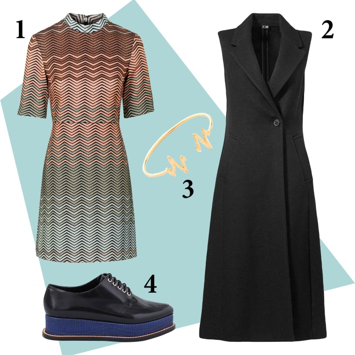1 — Topshop dress, $110, available at Topshop; 2 — Theory Tremayah vest, $625, available at Barneys; 3 — Sarah Chloe bracelet, $139, available at Shopbop; 4 — Opening Ceremony oxfords, $445, available at Opening Ceremony and Nordstrom.