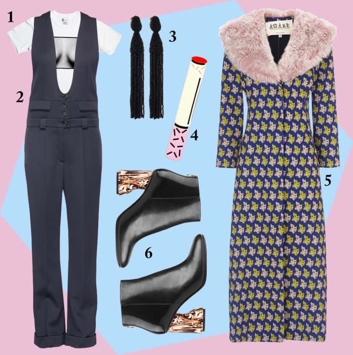 1 — Punk Boobs t-shirt, $21.10, available at 8Ball; 2 — Chloé virgin wool overalls, $2,000, available at Lane Crawford; 3 — Oscar de la Renta tassel clip on earrings, $395, available at Bergdorf Goodman; 4 — Eighties cigarette brooch, £45, available at Tatty Devine; 5 — A.W.A.K.E. Yoda coat, $1,090, available at Avenue32; 6 — Acne Studios Ora palm black/copper boots, $800, available at Acne Studios.