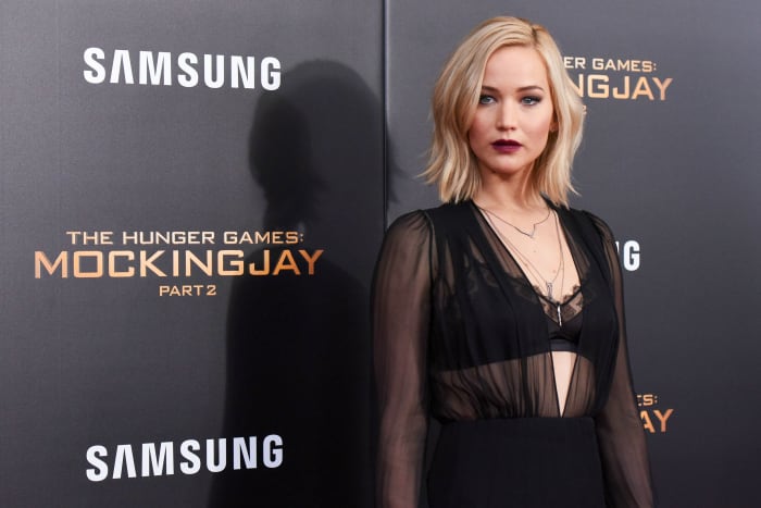 Jennifer Lawrence in Schiaparelli Couture at the 'Mockingjay, Part 2' New York premiere on Wednesday. Photo: Grant Lamos IV/FilmMagic