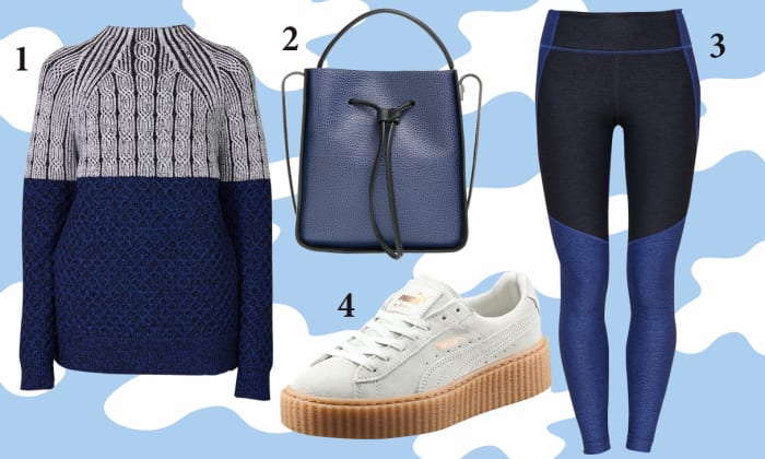 1 — Proenza Schouler turtleneck sweater, $495, available at Opening Ceremony; 2— 3.1 Phillip Lim bucket Bag, $925, available at Nordstrom; 3 — Outdoor Voices leggings, $95, available at Outdoor Voices; 4 — Puma by Rihanna creepers, $120, available at Opening Ceremony.