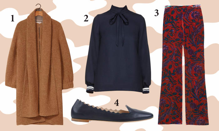1 — Aritzia Louise coat, $595, available at Aritzia; 2 — Mother of Pearl blouse, $525, available at Ssense; 3 — Sandro velvet trousers, now $287, available at Sandro; 4 — Chloé loafers, $495, available at Shoescribe.