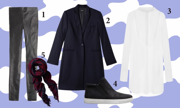 1 — J.Crew leather leggings, $495, available at J.Crew; 2 — Steven Alan blazer, $465, available at Steven Alan; 3 — Atea Oceanie shirt, $431, available at Atea Oceanie; 4 — Kenneth Cole Kalvin high-top slip on, $130, available at Kenneth Cole; 5 — Aritzia blanket scarf in balsamine, $85, available at Aritzia.