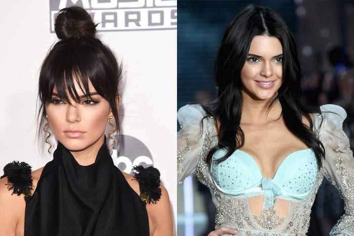 Stop asking me about my bangs or I will cut you with my cheekbones — Kendall. Photos: Jason Merritt & Jamie McCarthy/Getty Images