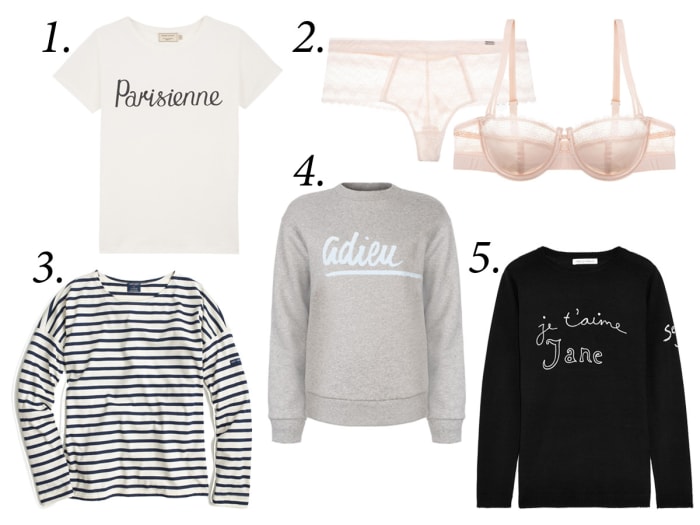 1. Maison Kitsuné Parisienne tee, $66.50, available at Shopbop. 2. Chantelle mademoiselle demi bra ($78) and hipster ($34), available at Journelle. 3. Saint James for J.Crew t-shirt, $90, available at J.Crew. 4. Être Cécile Adieu boyfriend sweatshirt, $147.80, available at Être Cécile. 5. Bella Freud wool sweater, $420, available at Net-a-Porter.