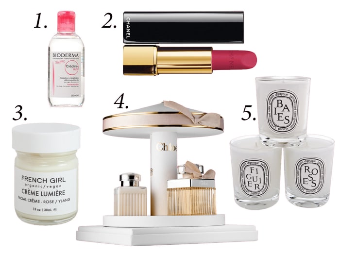 1. Bioderma crealine, $18.18, available at Amazon. 2. Chanel rouge allure velvet in 'La Merveilleuse,' $36, available at Nordstrom. 3. French girl moisturizer, $24, available at Catbird. 4. Chloé carousel gift set, $140, available at Sephora. 5. Diptyque votive candle set, $90, available at Nordstrom.