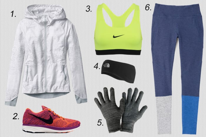 1. Athleta accelerate reflective jacket, $118, available at Athleta. 2. Nike Flyknit Lunar 3, $150, available at Nike. 3. Nike pro classic sports bra, $30, available at Nike. 4. The North Face ear warmer, $30, available at Urban Outfitters. 5. GliderGloves touchscreen gloves, $26.99, available at Amazon. 6. Outdoor Voices dipped warmup legging, $95, available at Outdoor Voices.