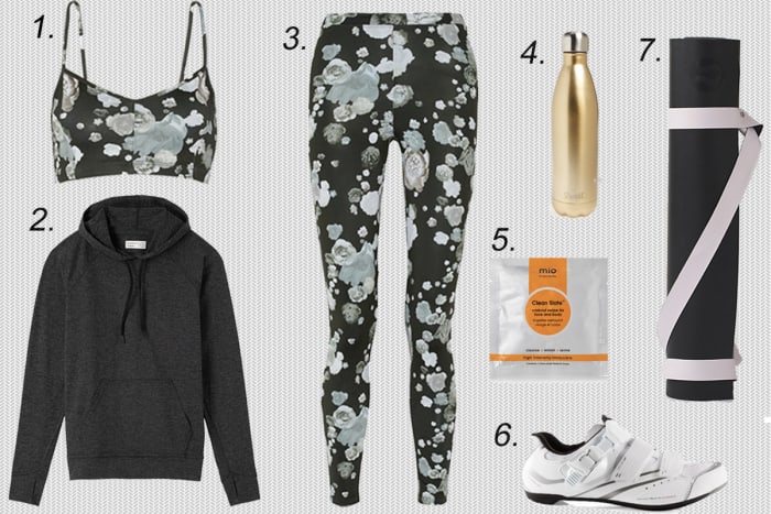 1. Live the Process printed sports bra, $85, available at Net-a-Porter. 2. Outdoor Voices hoodie, $85, available at Outdoor Voices. 3. Live the Process printed leggings, $135, available at Net-a-Porter. 4. S'well stainless steel water bottle, $25, available at Nordstrom. 5. Mio skincare gym kit, $29, available at Mio Skincare. 6. Shimano women's road cycling shoe, $80-$100, available at Amazon. 7. Lululemon mat strap, $18, available at Lululemon.