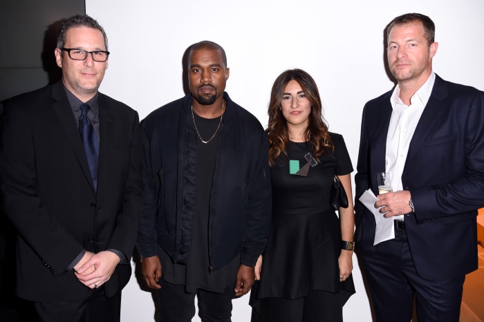 Kanye West with the Adidas Originals team — Jon Wexler, Rachel Muscat and Arthur Hoeld. Photo: REX/Shutterstock