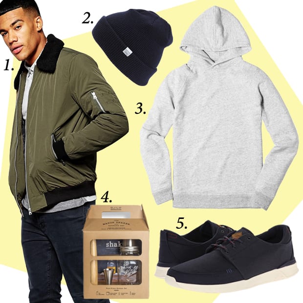 1. ASOS Harrington Jacket with Removable Faux-Shearling Collar, $89.58, available at Asos.com. 2. Norse Projects Merino Wool Beanie, $55, available at Nordstrom.com. 3. Everlane Pullover Hoodie Sweatshirt, $58, available at Everlane.com. 4. W&P Design The Barware Set with Shake Book, $69, available at Fab.com. 5. Reef Rover Low, $70, available at Zappos.com.