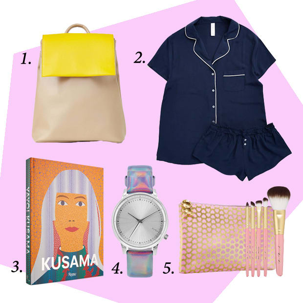 1. Kimchi Blue Clean Colorblock Backpack, $54, available at UrbanOutfitters.com. 2. Splendid Woven Pajama Set, $78, available at LordandTaylor.com. 3. Yayoi Kasuma book by Rizzoli, $75, available at Net-a-Porter.com. 4. Estelle Watch, $90, available at MoMAStore.org. 5. Too Faced Teddy Bear Hair 5 Piece Brush Set, $65, available at Sephora.com.