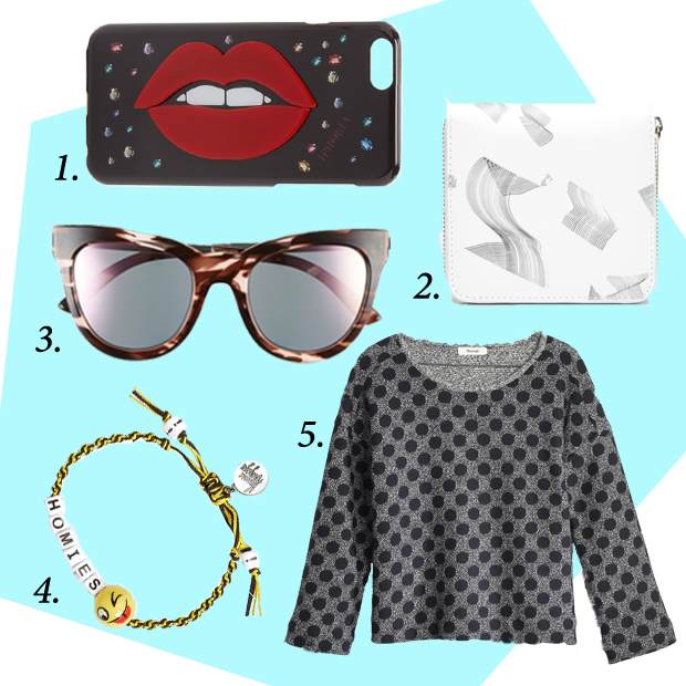 1. Iphoria Jewel Lips iPhone 6/6s Case, $55, available at Shopbop.com. 2. Everlane The Square Zip Wallet, $98, available at Everlane.com. 3. Le Specs 'Le Debutante' Cat Eye Sunglasses, $79, available at Nordstrom.com. 4. Venessa Arizaga 'Homies' Bracelets, $55, available at Nordstrom.com. 5. Madewell Reversible Marled Dot Top, $79.50, available at Madewell.com.