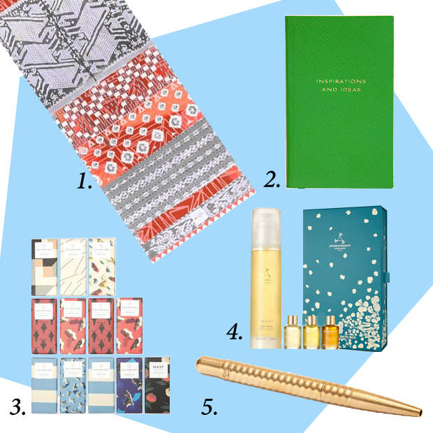 1. La Vie Boheme Yoga Dakota Hot Yoga Towel Mat, $60, available at Shopbop.com. 2. Smythson Inspiration and Ideas Wafer Notebook, $80, available at Barneys.com. 3. Aromatherapy Associates Relaxing Bath Box, $60, available at Net-a-Porter.com. 4. Mast Brothers Chocolate Exclusive Gift Set, $95, available at TheDreslyn.com. 5. Kaweco Brass Liliput Ball Point, $70, available at Zady.com.