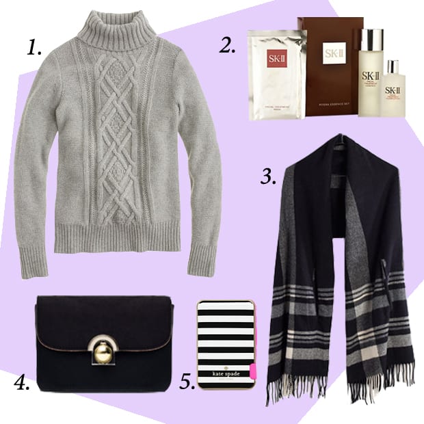 1. J.Crew Cambridge Cable Turtleneck Sweater, $98, available at JCrew.com. 2. SK-II Pitera Essence Set, $99, available at SaksFifthAvenue.com. 3. Madewell Cape Scarf in Huntington Plaid, $79.50, available at Madewell.com. 4. Zara Messenger Bag with Fastening Detail, $49.90, available at Zara.com. 5. Kate Spade New York Micro Stripe Slim Battery Bank, $60, available at KateSpade.com.
