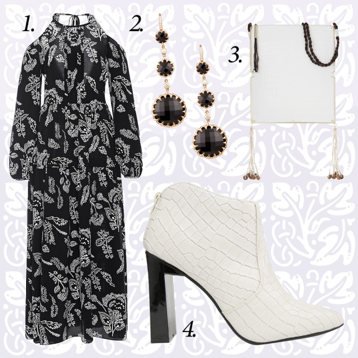 1. Thakoon Addition silk open shoulder maxi dress, now $520, available at Moda Operandi and now #390, available at Neiman Marcus; 2 — Ivanka Trump black onyx and diamond drop earrings, $2,600, available at Neiman Marcus; 3 — Elizabeth & James tassel-trimmed croc-effect leather and jacquard shoulder bag, $595, available at Net-a-Porter; 4 — Lost Ink white croc effect ankle boots, $81, available at Asos.