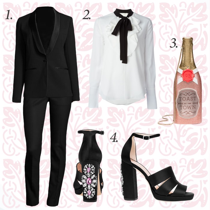 1 — Michael Michael Kors shawl-collar tuxedo blazer and wool-blend flannel pants, #250 and $165, available at Neiman Marcus; 2 — Chloé pussy blow blouse, $992.66, available at Farfetch; 3 — Kate Spade champagne bottle clutch, $378, available at Kate Spade; 4 — Kate Spade bia too heels, $428, available at Kate Spade.